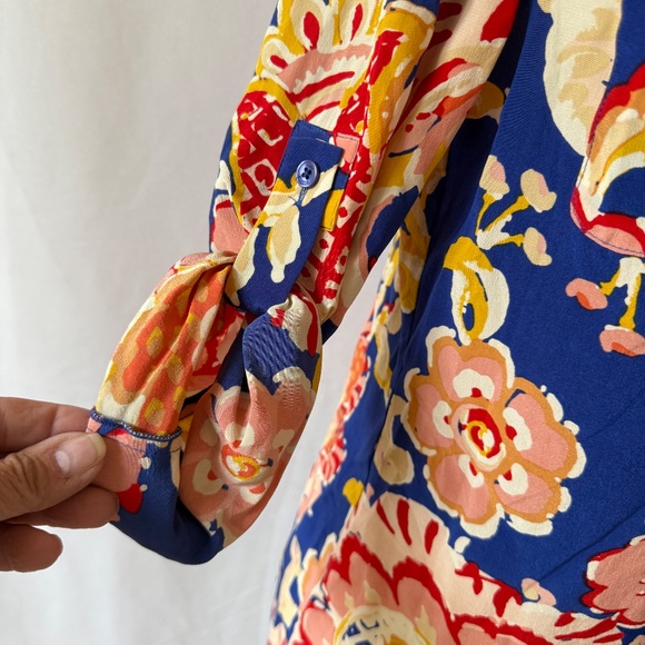 TORY BURCH SHIRT SILK BUTTON FRONT FLORAL ROLL TAB SLEEVE CHEST POCKET VIBRANT 4 - Picture 7 of 13